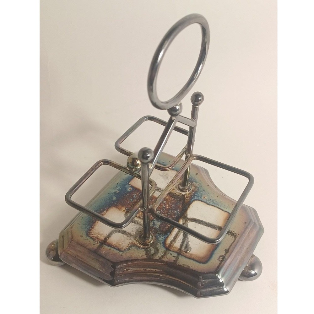 Vintage EPNS Silverplate 40s Cut Glass Condiment Set Salt Pepper Sugar Caddy - Picture 6 of 11